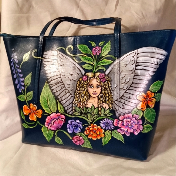 Unique HAND PAINTED Genuine LEATHER Tote Bag *NWT* Teal Blue Angel Fairy flowers - Picture 1 of 12